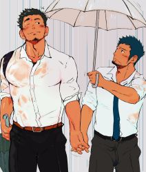 Rule 34 | bara, black eyes, black hair, black pants, blush, bulge, couple, covered erect nipples, facial hair, formal, goatee, head tilt, highres, holding, holding hands, holding umbrella, interlocked fingers, large pectorals, looking at another, male focus, muscular, muscular male, necktie, original, pants, pectorals, salaryman, see-through, shirt, short hair, sleeves rolled up, spiked hair, stubble, tarutoru, umbrella, wet, wet clothes, wet shirt, white shirt, yaoi