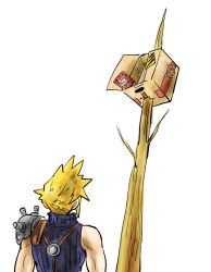 Rule 34 | 1boy, armor, bare shoulders, bare tree, blonde hair, blue sweater, bolt, box, cardboard box, cloud strife, final fantasy, final fantasy vii, from behind, japanese text, kicdon, konami, logo, male focus, metal gear (series), nintendo, ribbed sweater, scene reference, short hair, shoulder armor, simple background, sketch, sleeveless, sleeveless sweater, solo, spiked hair, square enix, standing, super smash bros., sweater, translation request, tree, upper body, white background
