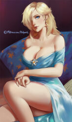 Rule 34 | 1girl, blonde hair, blue dress, blue eyes, closed mouth, dress, earrings, highres, holy meh, jewelry, looking at viewer, mario (series), nintendo, rosalina, sitting, solo, super mario galaxy