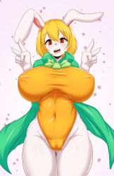 Rule 34 | 1girl, adapted costume, animal ears, artist request, blonde hair, blush, breasts, cameltoe, carrot (one piece), cleft of venus, colored skin, curvy, highleg, highleg leotard, highres, huge breasts, large breasts, leotard, looking at viewer, one piece, orange eyes, orange leotard, rabbit, rabbit ears, rabbit girl, short hair, simple background, smile, solo, tailzkim, v, white skin