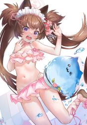 Rule 34 | 1girl, absurdres, animal ears, bikini, bikini day, bikini skirt, blue archive, blush, breasts, brown hair, choker, cleavage, dropping, fake animal ears, flower, frilled bikini, frills, hair flower, hair ornament, hair ribbon, halo, highres, kanzashi, korean commentary, leg ribbon, legs, long hair, maid headdress, monster, navel, open mouth, picdung, pink bikini, pink ribbon, purple eyes, ribbon, ribbon choker, sandals, shizuko (blue archive), shizuko (swimsuit) (blue archive), slime (creature), small breasts, solo, standing, standing on one leg, stomach, surprised, sweat, sweatdrop, swimsuit, thigh gap, twintails, two side up, underboob, very long hair, wavy mouth, wristband