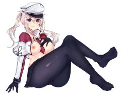 Rule 34 | 10s, 1girl, :t, absurdres, arm support, ass, black pantyhose, blonde hair, breasts, cameltoe, female focus, gloves, graf zeppelin (kancolle), grey eyes, hat, highres, jacket, kantai collection, large breasts, legs, miniskirt, necktie, open clothes, osiimi, pantyhose, peaked cap, sitting, skirt, solo, thighs, twintails
