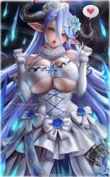 Rule 34 | 1girl, bare shoulders, bow, breast cutout, breasts, brown eyes, cleavage, collar, corset, draph, dress, dress bow, elbow sleeve, gloves, granblue fantasy, heart, horns, izmir, large breasts, lexaiduer, open mouth, pointy ears, purple hair, scarf, snowflakes, solo, underboob, watermark, web address