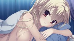 Rule 34 | 1girl, afterglow, amairo islenauts, bed, blonde hair, blush, breasts, game cg, kobuichi, long hair, looking at viewer, non-web source, nude, red eyes, shirley warwick, solo