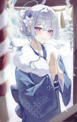 Rule 34 | 1girl, blue archive, blush, closed mouth, corrupted twitter file, flower, fur-trimmed kimono, fur trim, grey hair, hair between eyes, hair flower, hair ornament, halo, hatsumoude, highres, jaduade, japanese clothes, kimono, long sleeves, looking at viewer, mechanical halo, new year, noa (blue archive), obi, purple eyes, purple kimono, rope, sash, shimenawa, short hair, smile, solo, white flower, wide sleeves