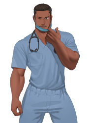 Rule 34 | &gt; o, 1boy, ;d, absurdres, bara, blue pants, blue shirt, brown eyes, brown hair, dark-skinned male, dark skin, doctor, highres, looking at viewer, male focus, mask, mask pull, medical scrubs, mouth mask, nywlub (bulwyn), one eye closed, open mouth, original, paid reward available, pants, pulled by self, shirt, short hair, sideburns, simple background, smile, solo, stethoscope, surgical mask, white background