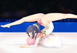 Rule 34 | arched back, ass, ball, barefoot, black hair, blue eyes, breast press, breasts, covered erect nipples, flexible, gigantic breasts, gradient background, gymnastics, leotard, partially visible vulva, ponytail, rhythmic gymnastics, ribbon, simple background, split, tworship