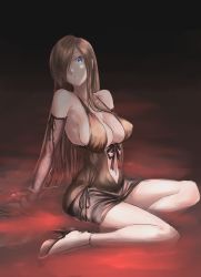 Rule 34 | 1girl, blue eyes, breasts, brown dress, brown hair, cleavage, dress, hair over one eye, high heels, highres, large breasts, long hair, looking at viewer, mitsugu, sideboob, sitting, solo, strapless, strapless dress, tales of (series), tales of the abyss, tear grants, thighs