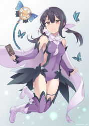 Rule 34 | 100, 100percent park, 1girl, armpits, bare shoulders, black hair, blush, boots, breasts, brown eyes, bug, butterfly, cape, card, closed mouth, clothing cutout, commentary request, covered navel, detached sleeves, fate/kaleid liner prisma illya, fate (series), full body, gradient background, grey background, hair between eyes, hair ornament, highres, holding, holding card, insect, kaleidostick, knee boots, lancer class (fate), legs up, leotard, long hair, long sleeves, looking at viewer, magical girl, magical sapphire, miyu edelfelt, purple leotard, purple thighhighs, side cutout, sidelocks, sleeves past wrists, small breasts, smile, solo, thigh strap, thighhighs, thighs, twintails, twitter username, white background, white cape, white footwear, x hair ornament