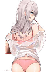 Rule 34 | 1girl, ass, bag, bare shoulders, blue eyes, blush, bra, food in mouth, from behind, grey hair, holding, holding bag, long hair, long sleeves, looking at viewer, looking back, off shoulder, original, panties, pink bra, pink panties, ry thae, see-through, shirt, simple background, underwear, white background, white shirt