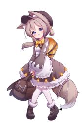 Rule 34 | 1girl, animal ear fluff, animal ears, bag, black dress, black footwear, black hat, blue eyes, blush, boots, bow, brown hair, cabbie hat, chisel, dress, full body, fur-trimmed boots, fur-trimmed dress, fur trim, hammer, hat, head tilt, highres, holding, holding bag, long hair, long sleeves, low ponytail, open mouth, original, pantyhose, parted bangs, ponytail, puffy long sleeves, puffy sleeves, setmen, simple background, sleeves past wrists, solo, standing, tail, white background, white pantyhose, yellow bow