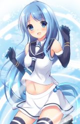 Rule 34 | 1girl, :d, black gloves, black thighhighs, blue eyes, blue hair, cowboy shot, elbow gloves, floating hair, gloves, hair between eyes, highres, kantai collection, leg up, long hair, looking at viewer, midriff, miniskirt, navel, open mouth, samidare (kancolle), shirt, skirt, sleeveless, sleeveless shirt, smile, solo, standing, standing on one leg, stomach, thighhighs, tomoo (tomo), very long hair, white shirt, white skirt