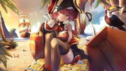 Rule 34 | 1girl, absurdres, barrel, beach, bird, black thighhighs, boots, breasts, chalice, cleavage, coat, coin, commentary, crab, cup, cutlass, english commentary, gloves, gold, gold coin, hat, head tilt, heterochromia, highres, hololive, houshou marine, island, jewelry, looking at viewer, making-of available, neckerchief, necklace, off shoulder, outdoors, palm tree, pearl necklace, pirate hat, pirate ship, red hair, see-through, see-through cleavage, ship, sitting, smile, solo, sunset, takuyarawr, thighhighs, toucan, treasure, treasure chest, tree, v, virtual youtuber, watercraft, white gloves
