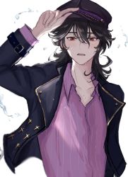 Rule 34 | 1boy, adjusting clothes, adjusting headwear, alternate costume, alternate hair length, alternate hairstyle, arm up, black coat, black hair, blurry, bracelet, buckle, coat, collarbone, depth of field, ensemble stars!, fangs, gold trim, hair between eyes, hat, highres, holding, holding clothes, jewelry, long hair, looking at viewer, male focus, nmtmfa, open mouth, purple shirt, red eyes, sakuma ritsu, shirt, simple background, solo, striped clothes, striped shirt, sweat, sweatdrop, teeth, upper body, upper teeth only, water, white background