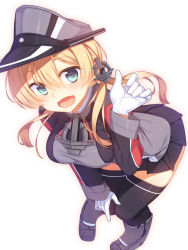 Rule 34 | 10s, 1girl, black legwear, blonde hair, gloves, grey hat, hair ornament, hat, highres, kantai collection, long hair, miniskirt, open mouth, peaked cap, prinz eugen (kancolle), racer (magnet), simple background, skirt, smile, solo, twintails, uniform, white background