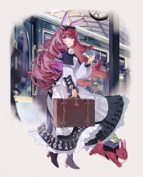 Rule 34 | 1girl, animal ears, black bow, black capelet, black footwear, blue eyes, boots, bow, capelet, clock, dress, frilled dress, frills, from side, hair bow, high heel boots, high heels, highres, holding, holding suitcase, holding ticket, long dress, long hair, long sleeves, looking ahead, original, petticoat, pom pom (clothes), rabbit, rabbit ears, rabbit girl, red hair, sidelocks, solo, straight hair, suitcase, train, train station, tsunakawa, white dress