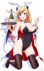 Rule 34 | 1girl, :d, absurdres, animal ears, armpits, asanaya, bare shoulders, black footwear, black leotard, blonde hair, blue eyes, bottle, breasts, brown thighhighs, cleavage, coat, covered navel, cup, demon girl, demon horns, demon tail, demon wings, detached collar, drinking glass, fake animal ears, fake tail, flats, gluteal fold, gradient hair, groin, highleg, highleg leotard, highres, holding, hololive, horns, kneeling, large breasts, leotard, long hair, looking at viewer, multicolored hair, off shoulder, open clothes, open coat, open mouth, playboy bunny, pointy ears, rabbit ears, rabbit tail, skindentation, smile, solo, strapless, strapless leotard, syringe, tail, thighhighs, thighs, tray, virtual youtuber, white coat, wine glass, wings, yuzuki choco, yuzuki choco (1st costume)