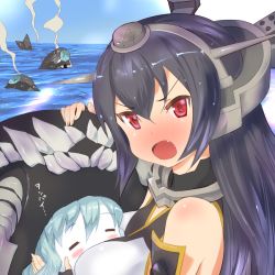 Rule 34 | 10s, 2girls, :o, = =, abyssal ship, bare shoulders, black hair, blue hair, blue skin, blue sky, blush, blush stickers, body blush, chibi, closed eyes, collar, colored skin, elbow gloves, fang, female focus, fingerless gloves, fingernails, full-face blush, gloves, grey hair, ha-class destroyer, hair between eyes, hair ornament, hairband, hand on headwear, head tilt, headgear, kantai collection, long fingernails, long hair, looking at viewer, looking back, multiple girls, mushi gyouza, nagato (kancolle), ocean, open mouth, outdoors, pale skin, personification, red eyes, ro-class destroyer, sky, smoke, sunlight, text focus, tsurime, upper body, water, wo-class aircraft carrier