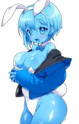 Rule 34 | 1girl, animal ears, blue jacket, blush, breasts, fake animal ears, fake tail, fang, highres, jacket, large breasts, leotard, medium hair, monster girl, msp sammy, open clothes, open jacket, open mouth, original, rabbit ears, rabbit tail, skindentation, slime girl, solo, sweatdrop, tail, thick thighs, thighs, zipper