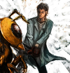 Rule 34 | 1boy, 5pb., bee, bug, fighting, holding, holding weapon, insect, leaf blower, nitroplus, okabe rintarou, science adventure, sketchy background, steins;gate, weapon, what