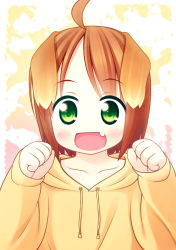 Rule 34 | 1girl, :d, ahoge, animal ears, brown hair, clenched hands, collarbone, dog ears, drawstring, fang, green eyes, inuarashi, looking at viewer, meiko (inuarashi), open mouth, original, short hair, smile, solo, upper body