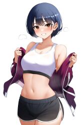 Rule 34 | 1girl, alternate hairstyle, armpit crease, bare shoulders, black hair, black shorts, blue jacket, blush, bob cut, boku no kokoro no yabai yatsu, breasts, brown eyes, cleavage, collarbone, commentary, cowboy shot, dolphin shorts, floating hair, grin, highres, jacket, large breasts, long sleeves, looking at viewer, low twintails, midriff, navel, off shoulder, open clothes, open jacket, opened by self, sacra (sacrabokuyaba), short hair, short shorts, shorts, simple background, smile, solo, sports bra, standing, steaming body, stomach, sweat, track jacket, twintails, white background, white sports bra, yamada anna