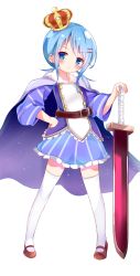 Rule 34 | 1girl, belt, blue eyes, blue hair, blush, cape, character request, commentary request, copyright request, crown, frown, full body, hair ornament, hairclip, hand on own hip, highres, legs apart, long hair, low twintails, nagomi yayado, shoes, simple background, solo, standing, sword, thighhighs, twintails, weapon, white background, white thighhighs