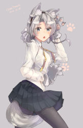 Rule 34 | animal ears, animal hands, blouse, collared shirt, fang, fang out, gloves, grey background, grey eyes, halloween costume, highres, himeyamato, kantai collection, nowaki (kancolle), pantyhose, self-upload, shirt, silver hair, skirt, swept bangs, tail, white shirt, wolf ears, wolf girl, wolf tail