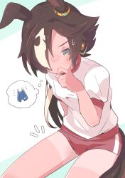 Rule 34 | 1girl, absurdres, animal ears, blue one-piece swimsuit, blush, brown eyes, brown hair, buruma, closed mouth, commentary request, ears down, gym shirt, gym uniform, hair over one eye, hand up, highres, horse ears, horse girl, horse tail, long hair, maru (hachi 47923), multicolored hair, notice lines, one-piece swimsuit, puffy short sleeves, puffy sleeves, red buruma, shirt, short sleeves, sitting, solo, spoken clothes, streaked hair, sweat, swimsuit, tail, tan, tanline, tracen training uniform, umamusume, v-shaped eyebrows, very long hair, vodka (umamusume), white background, white hair, white shirt