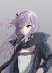 Rule 34 | 1girl, black scarf, blue eyes, blue jacket, closed mouth, dress, expressionless, girls&#039; frontline, grey background, hair ornament, hairclip, highres, jacket, long hair, looking down, open clothes, open jacket, pink hair, scarf, solo, st ar-15 (girls&#039; frontline), upper body, wh1te, white dress