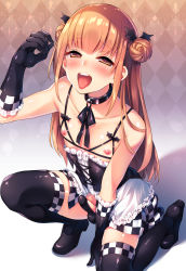 Rule 34 | 1boy, black footwear, black gloves, black thighhighs, blush, brown eyes, brown hair, bulge, checkered clothes, checkered skirt, choker, frills, gloves, handjob gesture, highres, lew, male focus, nipples, on one knee, open mouth, original, ribbon, short hair, skirt, solo, thighhighs, tongue, tongue out, trap, two side up