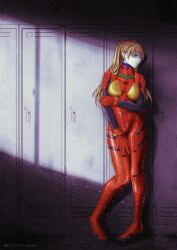 Rule 34 | 1girl, absurdres, arms under breasts, artist name, blue eyes, bodysuit, breasts, brown hair, curvy, expressionless, full body, hair ornament, highres, illust aqua, locker, locker room, long hair, looking to the side, medium breasts, neon genesis evangelion, night, plugsuit, red bodysuit, shiny clothes, simple background, solo, souryuu asuka langley, standing, twitter username, wide hips