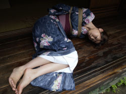Rule 34 | 1girl, asian, barefoot, bdsm, bondage, bound, feet, fetal position, highres, japanese clothes, kimono, photo (medium), shibari, soles, solo, toes