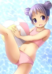 Rule 34 | 1girl, :d, ball, bare arms, bare shoulders, beachball, bikini, blurry, blurry background, blush, breasts, collarbone, commentary request, depth of field, double bun, hair bun, head tilt, highres, holding, holding ball, leg up, navel, open mouth, original, pink bikini, purple eyes, purple hair, shibacha, side bun, small breasts, smile, solo, swimsuit, tankini, water