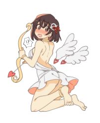 Rule 34 | !?, angel, angel wings, arrow (projectile), ass, backless dress, backless outfit, black hair, bob cut, bow (weapon), brown eyes, commentary request, cupid, dress, feathered wings, floating, from behind, haguro (kancolle), hair ornament, heart, heart arrow, higaragi, highres, kantai collection, short hair, simple background, weapon, white background, white dress, white wings, wings