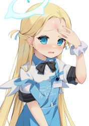 Rule 34 | 1girl, absurdres, apron, arm up, black bow, blonde hair, blue apron, blue archive, blush, bow, bruise, bruise on face, clothes writing, collared shirt, commentary request, english text, fang, female focus, forehead, halo, highres, ikazu401, injury, long hair, looking at viewer, mini wings, open mouth, parted bangs, scrunchie, shirt, short sleeves, simple background, solo, sora (blue archive), strap slip, striped, striped bow, tears, two side up, very long hair, wavy mouth, white background, white scrunchie, white shirt, white wings, wings, wrist scrunchie