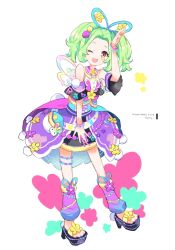 Rule 34 | 1girl, ;d, arm up, belt pouch, bracelet, dress, flower, full body, green hair, jewelry, kiratto pri chan, leg warmers, long hair, looking at viewer, one eye closed, open mouth, orange eyes, parted bangs, pouch, pretty series, purple dress, purple flower, rabbily (kiratto pri chan), sandals, smile, solo, standing, symbol-shaped pupils, tulaca (pixiv), twintails, white background, wings, yellow flower