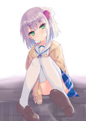 Rule 34 | 1girl, absurdres, blue skirt, blush, brown cardigan, brown footwear, cardigan, chiyoda momo, closed mouth, commentary request, green eyes, grey hair, hair ornament, hairclip, hand on own knee, head tilt, highres, hizaka, hood, hood down, hooded cardigan, knees together feet apart, knees up, loafers, long sleeves, looking at viewer, machikado mazoku, open cardigan, open clothes, plaid, plaid skirt, sailor collar, school uniform, serafuku, shirt, shoe soles, shoes, skirt, sleeves past wrists, solo, thighhighs, white sailor collar, white shirt, white thighhighs