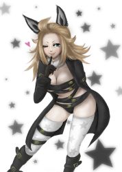 Rule 34 | 1girl, alternate costume, animal ears, arm behind back, black footwear, black gloves, black panties, blonde hair, blue eyes, boots, bravely default: flying fairy, bravely default (series), breasts, cat ears, cleavage, colorized, drawfag, edea lee, finger to mouth, fur collar, gloves, kemonomimi mode, knee boots, leg ribbon, lips, long hair, panties, revealing clothes, ribbon, smile, solo, star (symbol), star print, thigh ribbon, thighhighs, underwear, vampire costume, white thighhighs