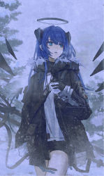 Rule 34 | 1girl, arknights, bagml, black gloves, black halo, black jacket, black shorts, blue eyes, blue hair, blush, commentary, cowboy shot, dark halo, demon horns, demon tail, detached wings, fur-trimmed jacket, fur trim, gloves, halo, highres, holding, holding snowball, horns, jacket, long hair, long sleeves, looking to the side, mostima (arknights), open clothes, open jacket, parted lips, shirt, shorts, slit pupils, snow, snowball, snowing, solo, tail, tree, white shirt, wings
