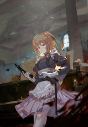 Rule 34 | 1girl, bow, bowtie, breasts, brown eyes, brown hair, frills, gloves, gun, hair ornament, hairclip, hand up, highres, holding, holding gun, holding weapon, long hair, magazine (weapon), medium breasts, original, puffy sleeves, solo, weapon, white gloves, white legwear, xiaoxiao