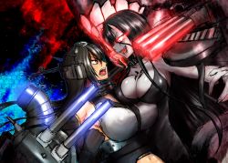 Rule 34 | 10s, 2girls, :d, abyssal ship, asymmetrical docking, bare shoulders, battle, battleship princess, black hair, breast press, breasts, choker, cleavage, covered erect nipples, eye contact, face-to-face, fighting, glowing, glowing eye, headgear, horns, kantai collection, large breasts, long hair, looking at another, multiple girls, nagato (kancolle), nelo anjuurou, open mouth, pale skin, red eyes, skin-covered horns, smile, turret, upper body