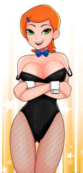 Rule 34 | 1girl, absurdres, alternate breast size, arms under breasts, bare shoulders, ben 10, black leotard, blue bow, blue bowtie, bow, bowtie, breasts, cleavage, collarbone, cowboy shot, crossed arms, detached collar, earrings, fishnet pantyhose, fishnets, green eyes, gwen tennyson, hair ornament, hairclip, highres, jewelry, large breasts, leotard, orange hair, pantyhose, parted lips, playboy bunny, short hair, sleeveless, smile, solo, sonson-sensei, star (symbol), strap slip, stud earrings, teeth, thigh gap, thighs, upper teeth only, wrist cuffs