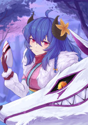 Rule 34 | 1girl, absurdres, ahoge, black sclera, blue hair, breasts, colored sclera, forest, fur trim, grin, hair between eyes, highres, holding, holding mask, horns, kindred (league of legends), lamb (league of legends), large breasts, league of legends, looking at viewer, lord boros (bouluosi), mask, nature, official alternate costume, outdoors, red eyes, red scarf, scarf, sharp teeth, slit pupils, smile, spirit blossom kindred, teeth, upper body, wolf, wolf (league of legends), yellow eyes