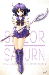 Rule 34 | 1990s (style), 1girl, bishoujo senshi sailor moon, black bow, bob cut, boots, bow, brooch, character name, choker, copyright name, earrings, elbow gloves, gloves, highres, holding, holding polearm, holding spear, holding weapon, jewelry, knee boots, magical girl, polearm, purple eyes, purple footwear, purple hair, purple skirt, retro artstyle, sailor saturn, short hair, silence glaive, skirt, solo, spear, staff, star brooch, tiara, tomoe hotaru, uchiu kazuma, weapon, white gloves