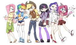 Rule 34 | 6+girls, applejack, belt, black footwear, black skirt, blue eyes, blue footwear, blue shorts, blue wings, book, brown shirt, brown skirt, clenched hand, collared shirt, denim, fist bump, fluttershy, freckles, frown, green eyes, green skirt, grey shirt, grin, hair between eyes, hat, high heels, holding, holding book, horns, jacket, jeans, long hair, long sleeves, midriff, miniskirt, multicolored hair, multiple girls, my little pony, my little pony: friendship is magic, navel, open mouth, orange belt, orange footwear, orange shirt, pants, party hat, party popper, personification, pink hair, pinkie pie, purple ribbon, purple thighhighs, rainbow dash, rainbow hair, rarity (my little pony), red footwear, ribbon, shirt, shoes, short hair, short shorts, shorts, single horn, skirt, skirt grab, smile, sneakers, socks, striped clothes, striped shirt, sweater, thighhighs, tied shirt, twilight sparkle, ushi (newrein), white jacket, white skirt, white socks, white thighhighs, wings, yellow sweater, yellow wings