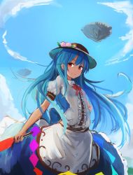 Rule 34 | 1girl, black hat, blue hair, blue skirt, bow, bowtie, cowboy shot, dress shirt, food, fruit, hat, hinanawi tenshi, holding, holding sword, holding weapon, keystone, leaf, looking at viewer, lumo 1121, peach, puffy short sleeves, puffy sleeves, rainbow gradient, rainbow order, red bow, red bowtie, red eyes, shirt, short sleeves, skirt, smile, solo, sword, sword of hisou, touhou, weapon, white shirt
