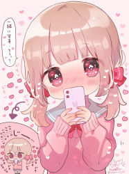 Rule 34 | 1girl, ame usako, arrow (symbol), blush, bow, brown background, brown hair, cellphone, commentary request, covered mouth, grey sailor collar, hands up, head tilt, heart, heart-shaped pupils, heart background, highres, holding, holding phone, long sleeves, looking at viewer, nail polish, nose blush, original, phone, pink nails, pink sweater, puffy long sleeves, puffy sleeves, red bow, sailor collar, signature, simple background, sleeves past wrists, speech bubble, sweater, symbol-shaped pupils, translation request, twintails, twitter username, upper body