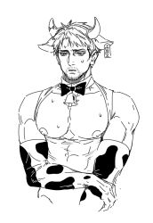 Rule 34 | 1boy, alternate costume, anderain, animal ears, animal print, bara, bare pectorals, bare shoulders, bell, bow, bowtie, bursting pectorals, covered abs, cow boy, cow ears, cow horns, cow print, cropped torso, elbow gloves, facial hair, gloves, goatee, greyscale, horns, large pectorals, male focus, monochrome, neck bell, nipples, pectorals, reiner braun, shingeki no kyojin, short hair, solo, sweat, white background