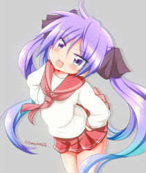 Rule 34 | 1girl, :d, blue hair, blush, brown ribbon, commentary request, drop shadow, gradient hair, grey background, hair between eyes, hair ribbon, hands on own hips, hiiragi kagami, long hair, long sleeves, looking at viewer, lucky star, multicolored hair, open mouth, pink neckwear, pleated skirt, purple eyes, purple hair, red sailor collar, red skirt, ribbon, ryouou school uniform, sailor collar, school uniform, serafuku, shirt, skirt, smile, solo, tamayan, twintails, twintails day, twitter username, very long hair, white shirt